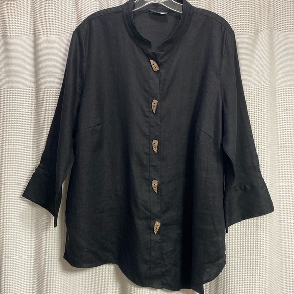 Go Silk Lagenlook linen top Black asymmetrical hem mandarin Sz L See measurement - Picture 1 of 9